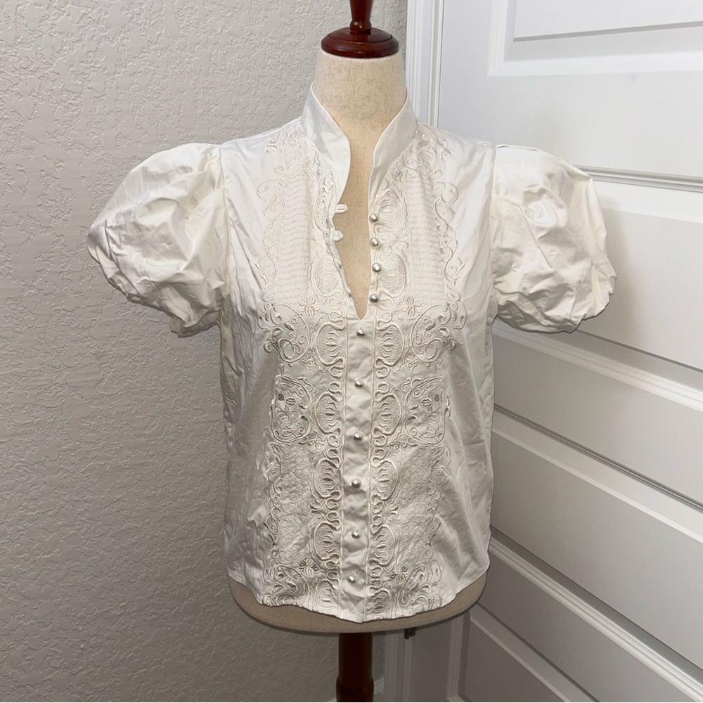 MESTIZA New York Button Front Embroidered Puff Short Sleeve Blouse Shirt Top